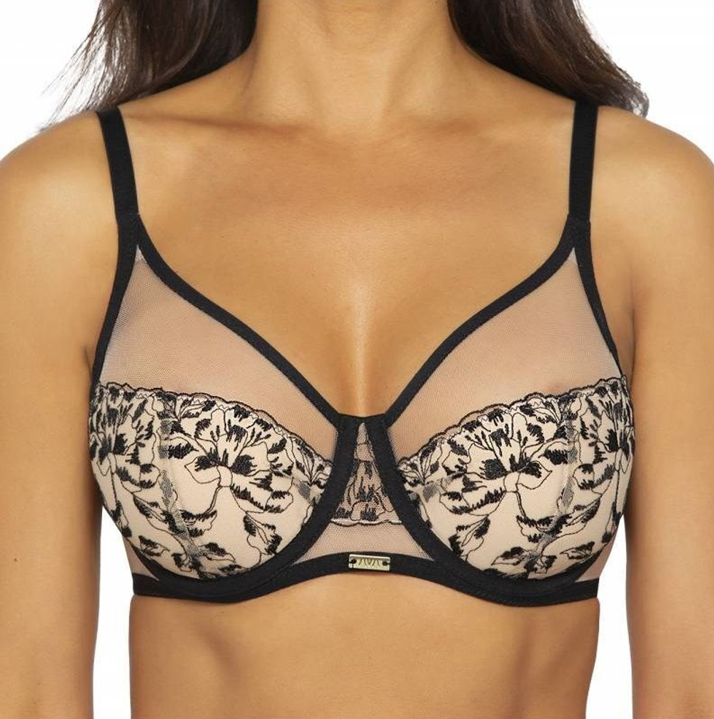 Бюстгальтер с шитыми чашками на косточках и контрастной вышивкой (Размер: 65H) (Цвет: черный с бежевым)