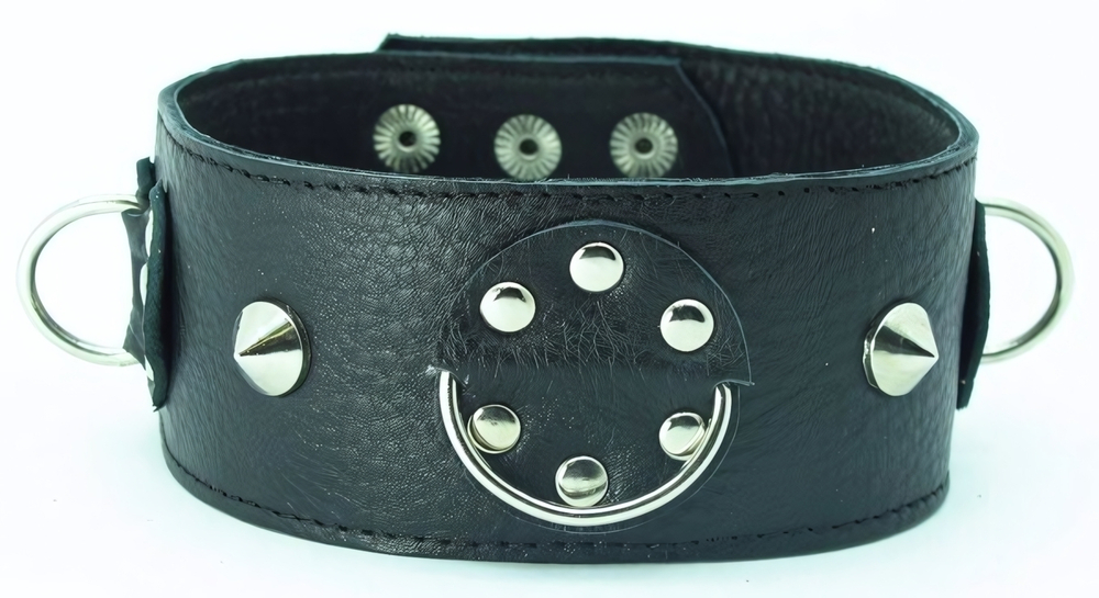 Чёрный кожаный ошейник с кольцами и клёпками (Цвет: черный)