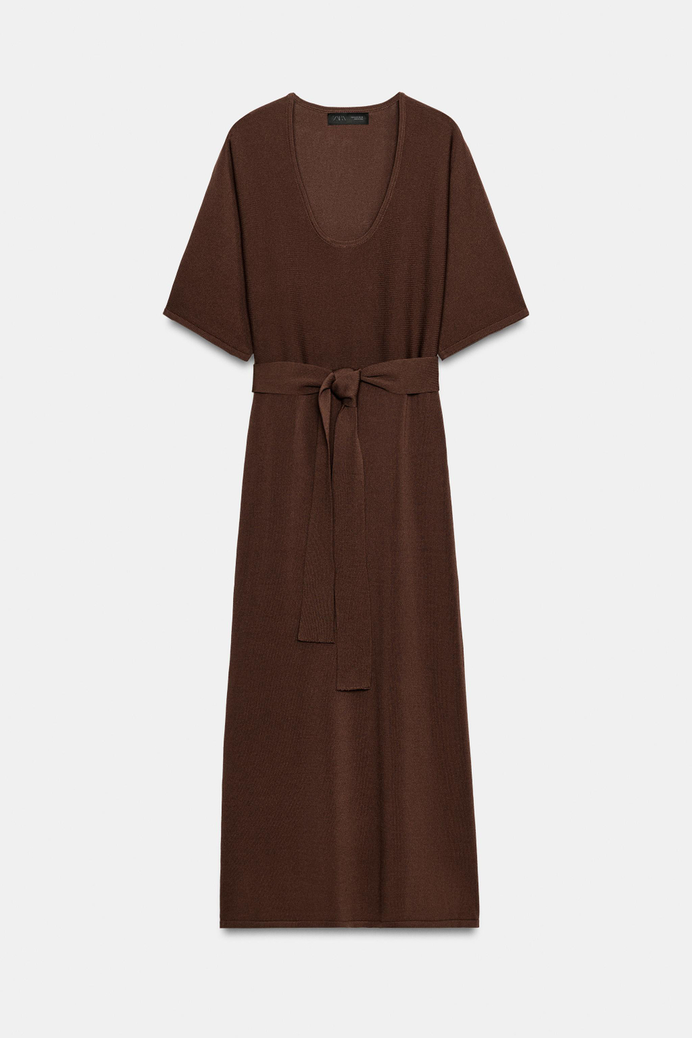 ZARA ТРИКОТАЖНОЕ МИДИ-ПЛАТЬЕ С ПОЯСОМ, КОРИЧНЕВЫЙ