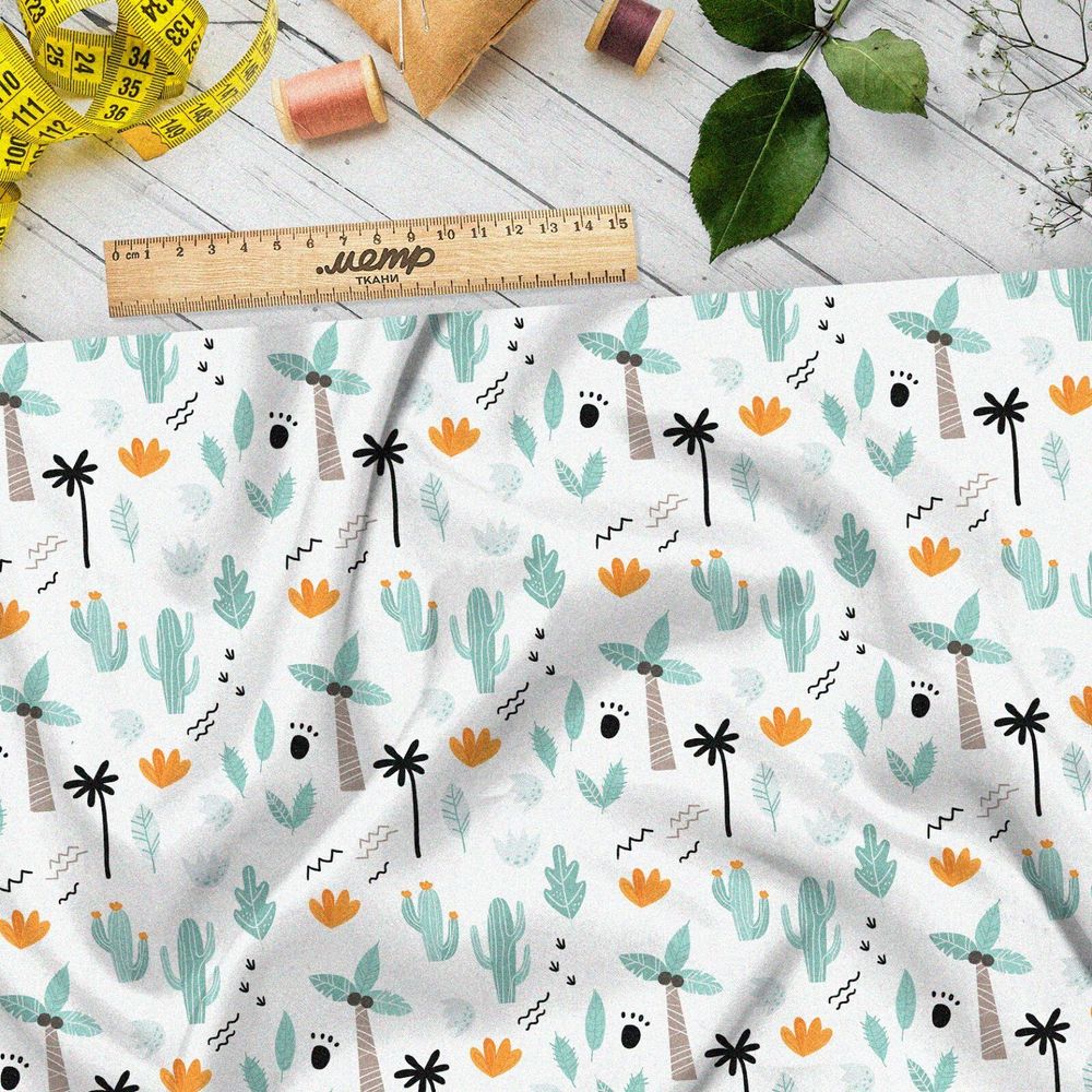 Ткань кулирная гладь пальмы и кактусы