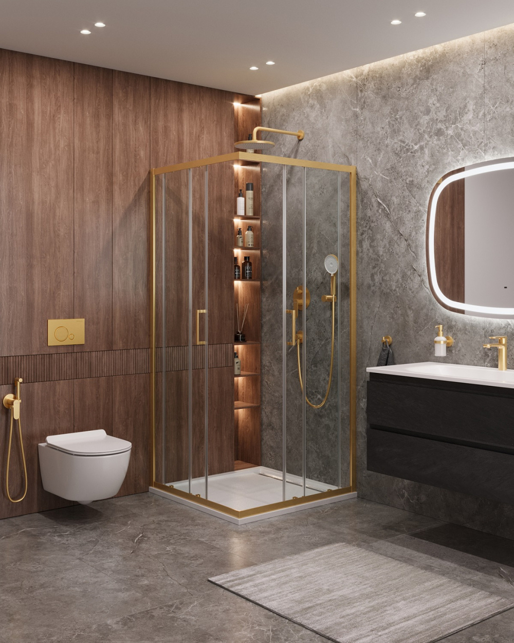 Душевой уголок Cezares MOLVENO-A-2-90-C-BORO-IV, 90х90х195, профиль брашированное золото, прозрачное стекло