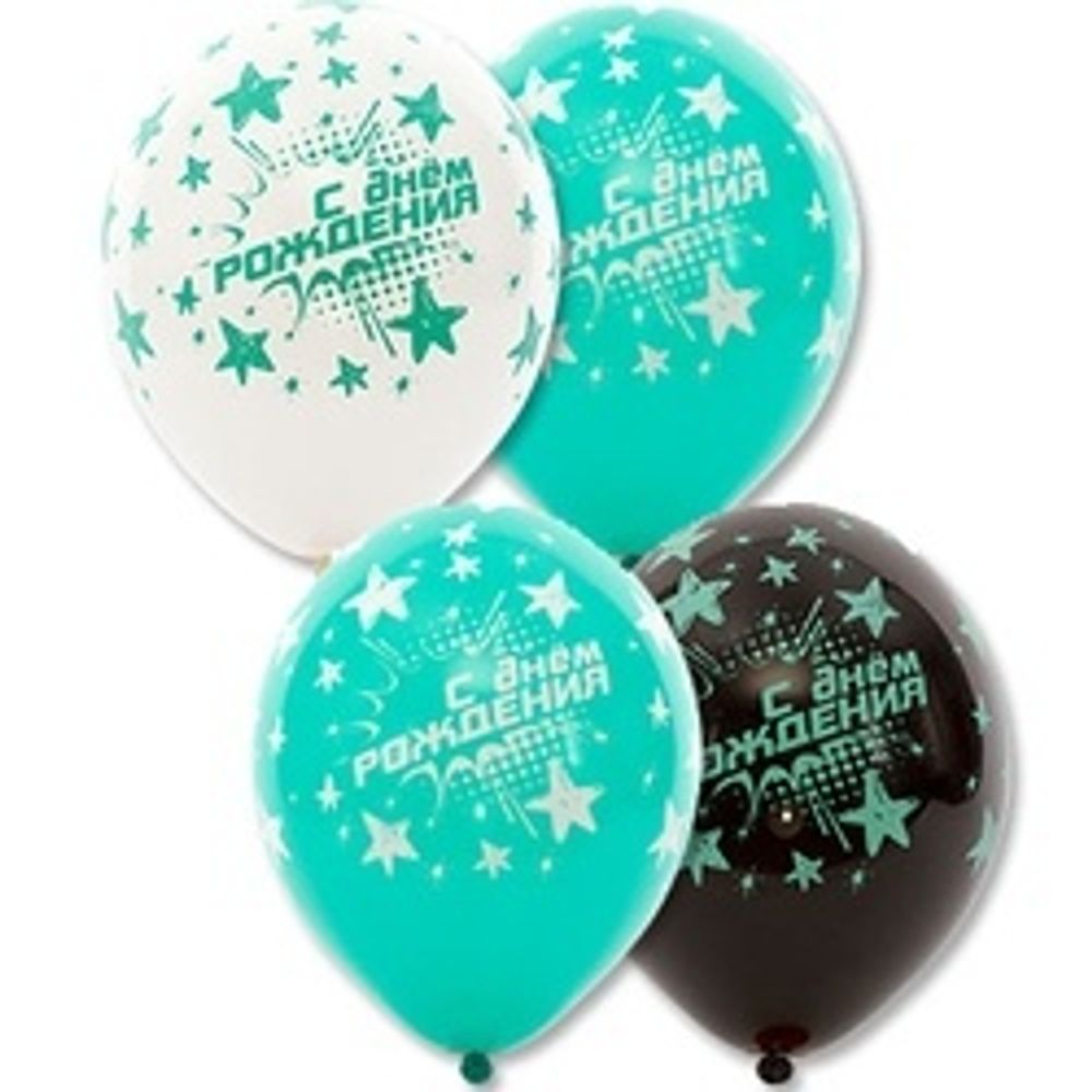 Шар (14"/36 см) ДР Звезды бирюз, Шелкография пастель 25 шт.