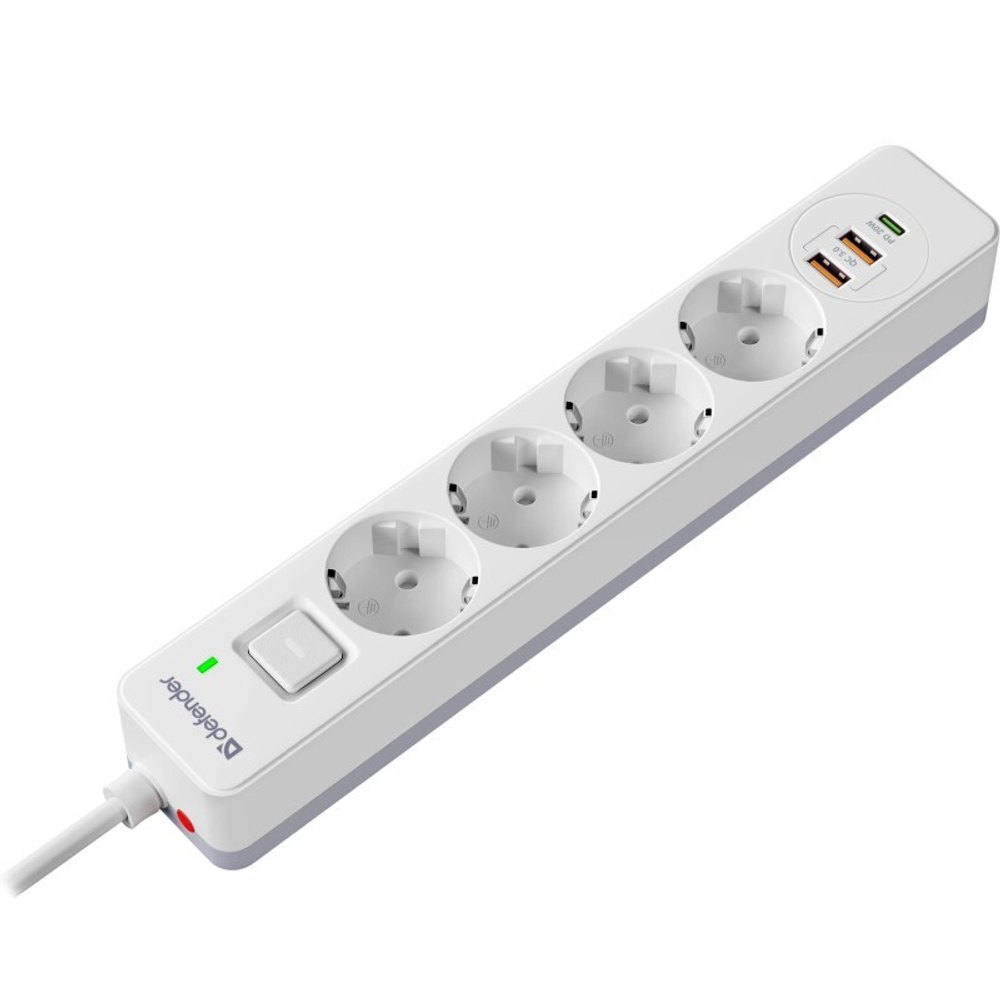 Удлинитель с сетевым фильтром Defender DFS 141, белый, 4розетки, USB+TypeC, 1.5 м.