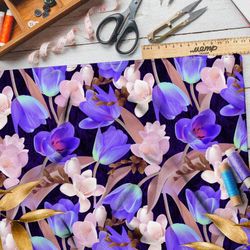 Ткань таффета неоновые тюльманы на тёмно-фиолетовом фоне