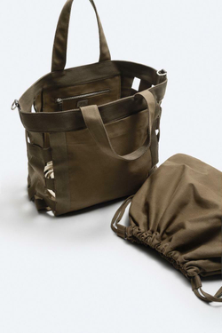 ZARA ПЛЕТЕНАЯ ХОЛЩОВАЯ СУМКА-ШОПЕР, ЗЕЛЕНЫЙ ХАКИ