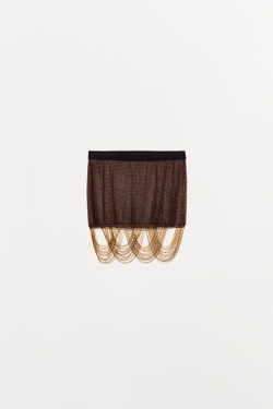 ZARA МИНИ-ЮБКА С БУСИНАМИ И БАХРОМОЙ, КОРИЧНЕВЫЙ