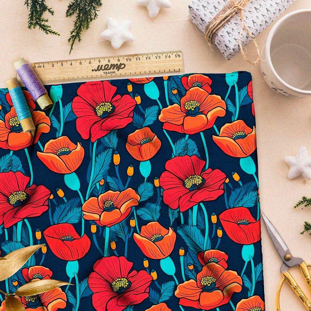 Ткань премиум сатин ночное поле маков