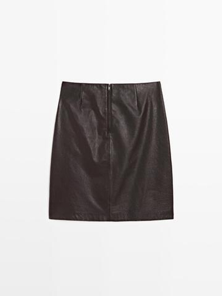 Massimo Dutti Короткая юбка из кожи наппа, коричневый