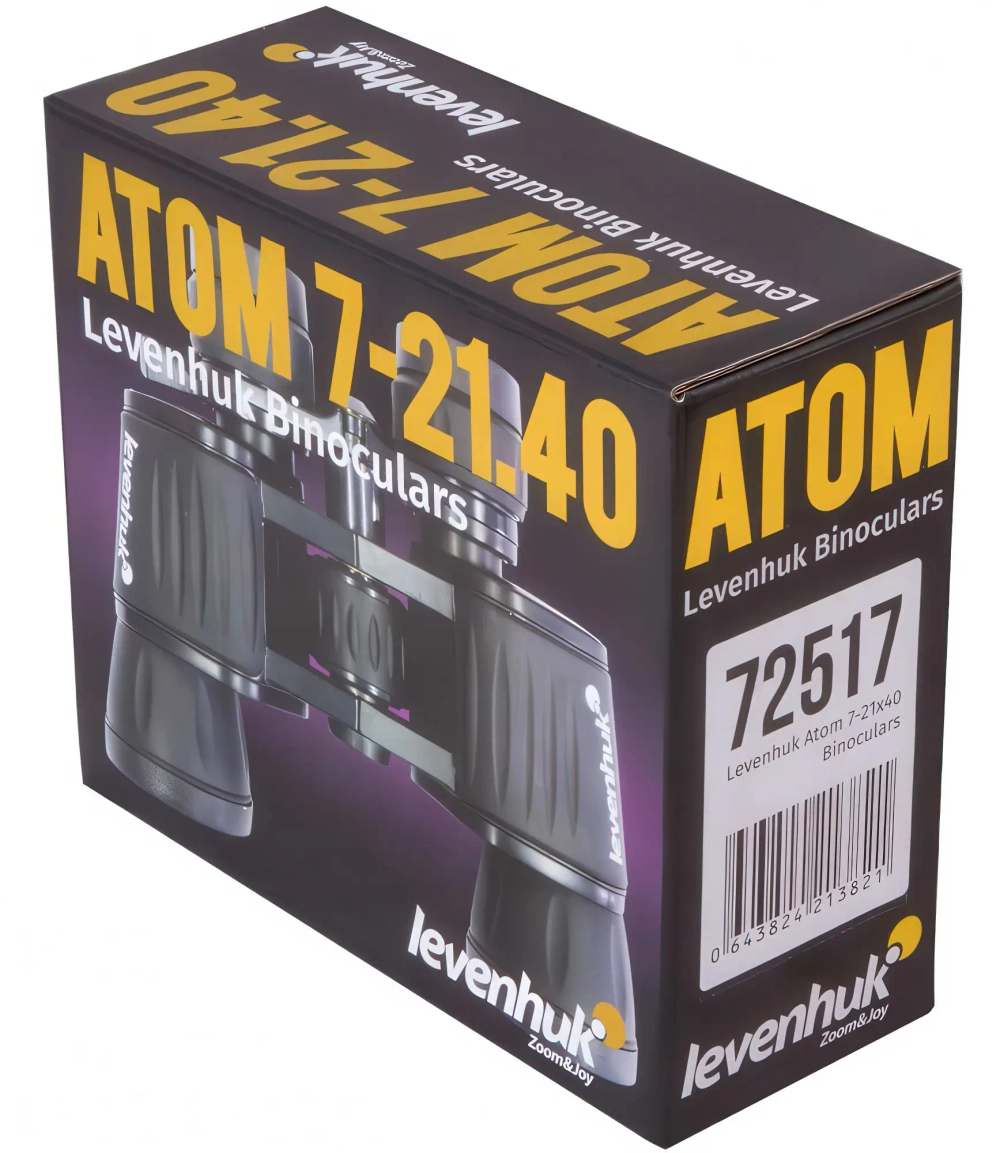 Упаковка бинокля Levenhuk Atom 7–21x40 с кодом модели