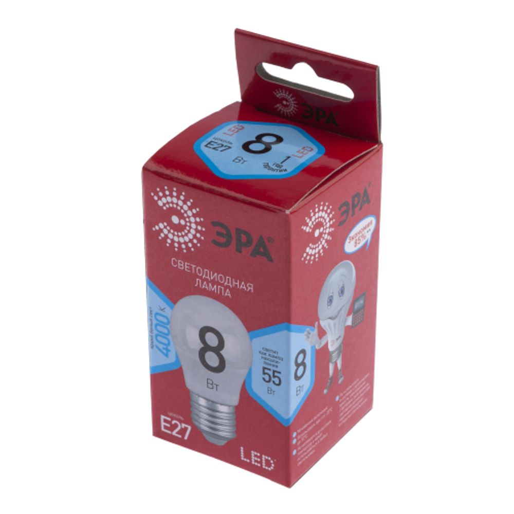 Лампа светодиодная ЭРА RED LINE LED P45-8W-840-E27 R E27 / Е27 8Вт шар нейтральный белый свет | Лампы cветодиодные Шар (G/P)