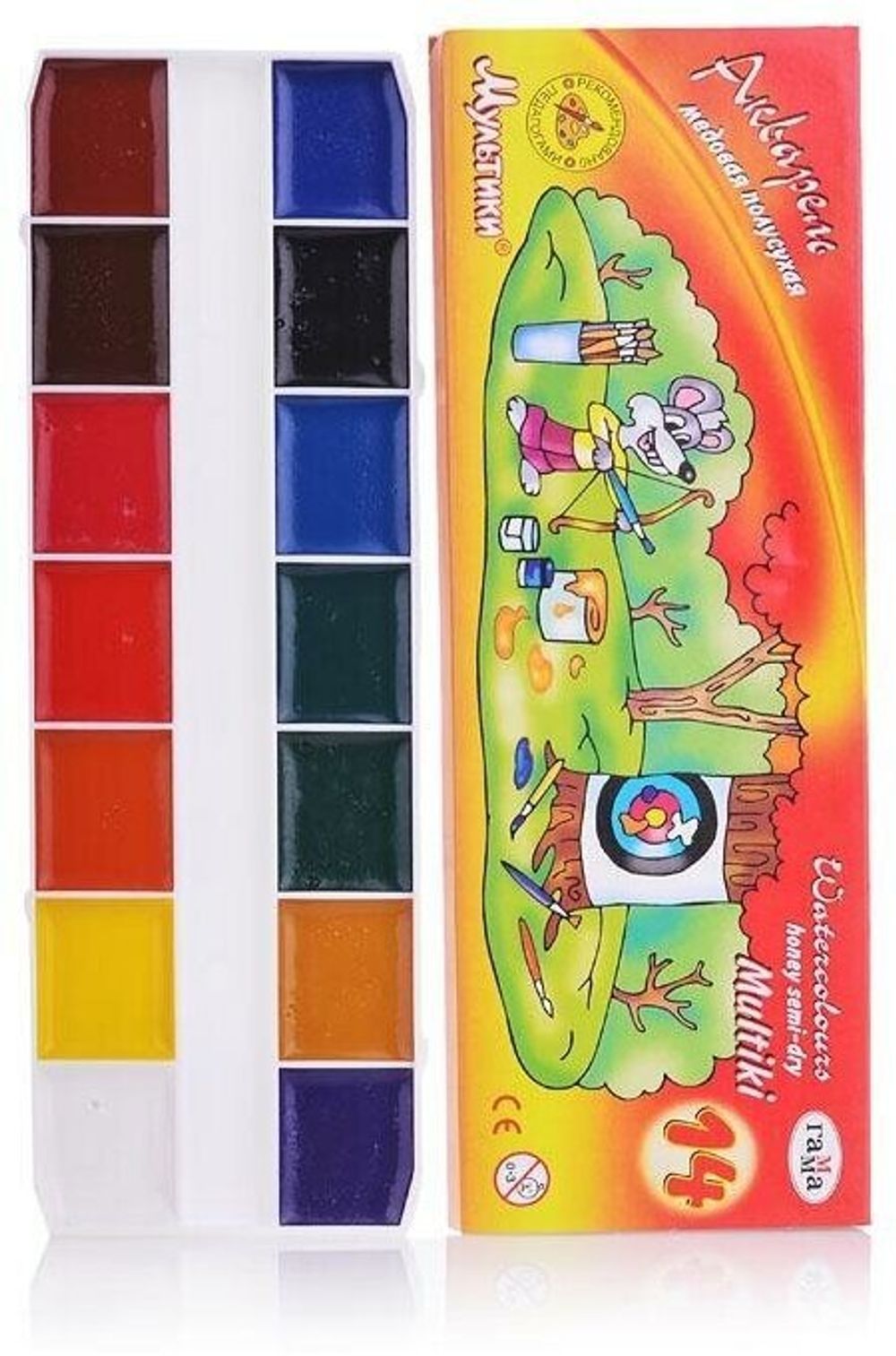 Краски акварельные ГАММА "Мультики", 14 цветов, медовые, без кисти, картонная коробка, 211050