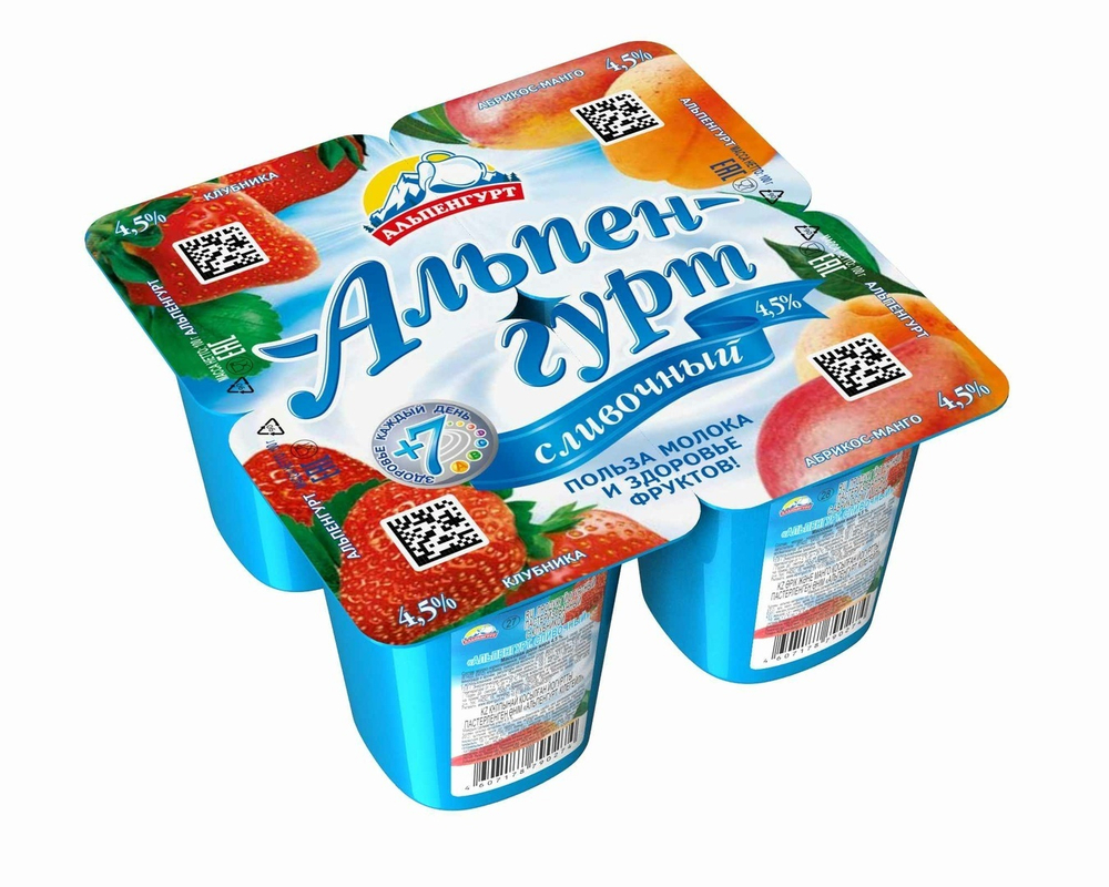 Йогуртный продукт Альпенгурт сливочный Клубника/Абрикос-манго 4,5% 100 гр