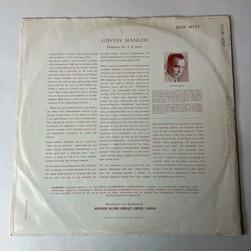 Винтажная виниловая пластинка LP Gustav Mahler Малер, Soprana Solo Anny Schlemm Conducted By Leopold Ludwig Симфония Symphony No. 4, G Major (Англия 1957)
