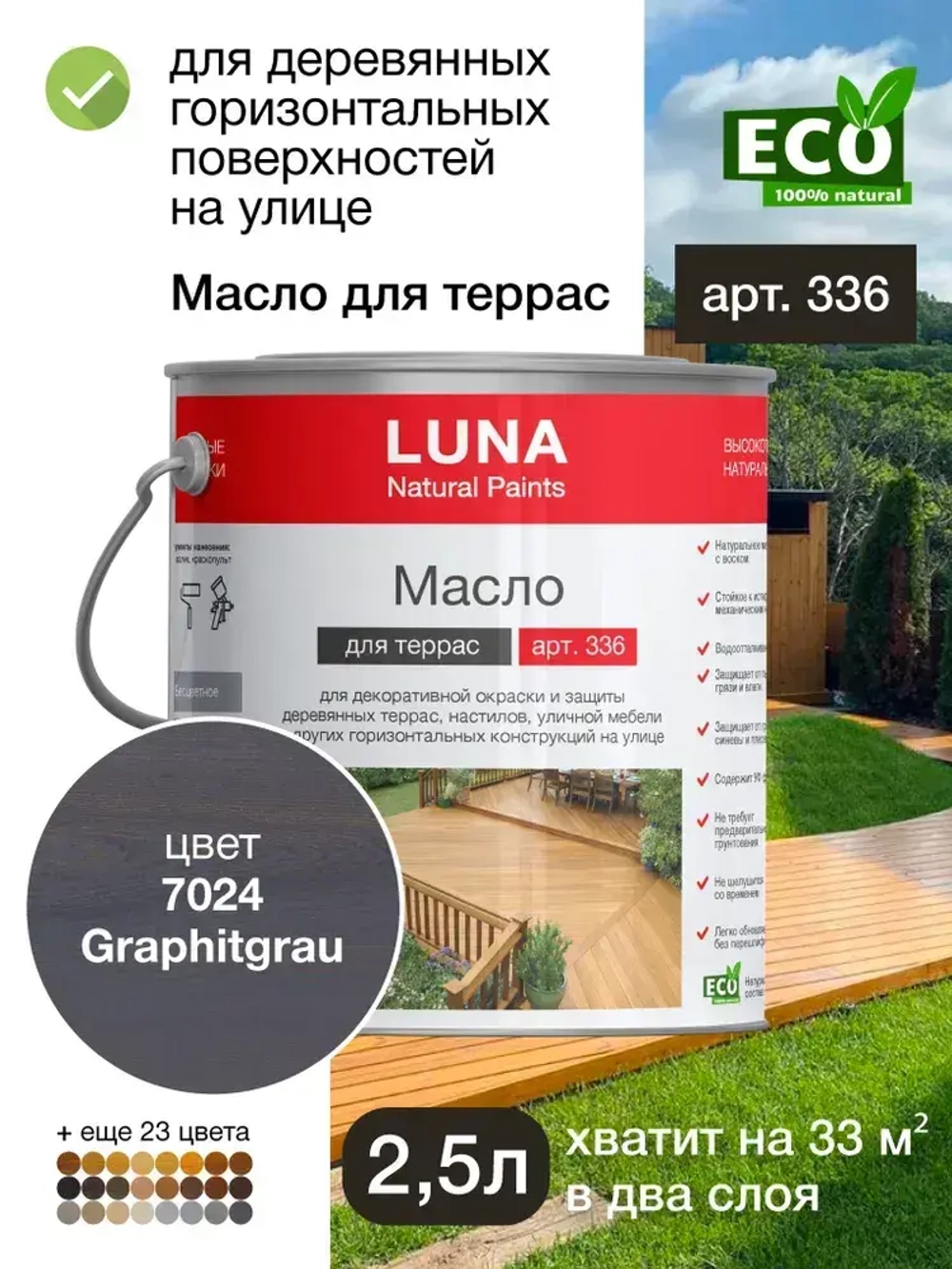 Масло для террас атмосферостойкое LUNA арт. 336, 2,5 л, 7024 Graphitgrau (серое, не шелушится, морилка, пропитка)
