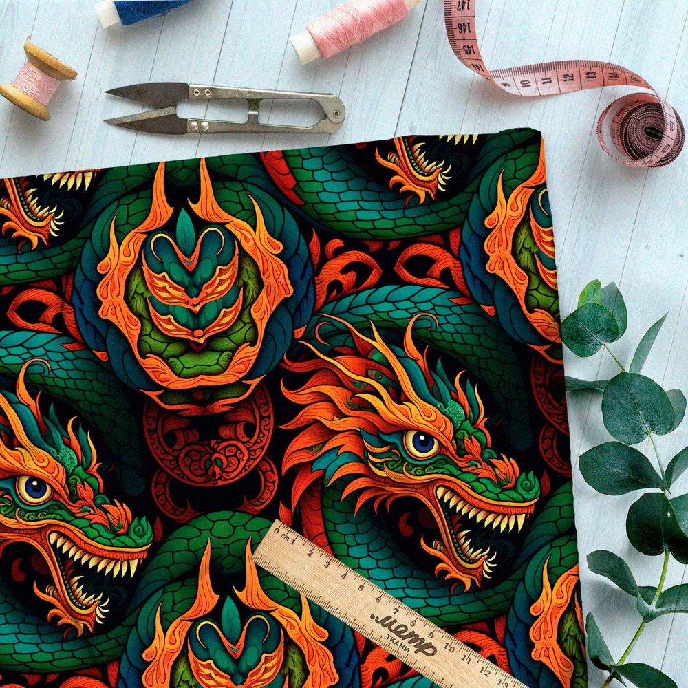 Ткань премиум шифон эффектные восточные драконы