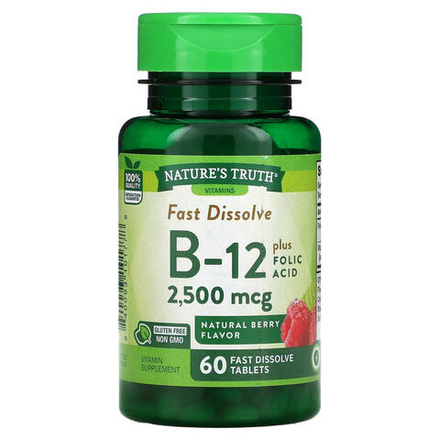 Vitamin B-12 plus Folic Acid, Natural Berry, 2,500 mcg, 60 Fast Dissolve Tablets