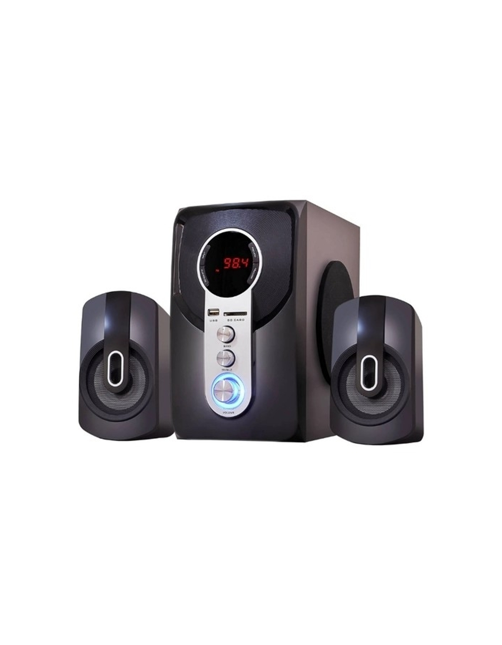 Ginzzu GM-405 2.1 с Bluetooth, выходная мощность 20Вт + 2х10Вт, аудиоплеер USB-flash, SD-card, FM-радио, пульт ДУ - 21 кнопка, стерео вход (2RCA), эквалайзер (обыч