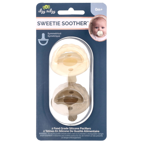 itzy ritzy, Sweetie Soother, пустышки из пищевого силикона, от 0 месяцев, кремовая и серо-коричневая, 2 пустышки