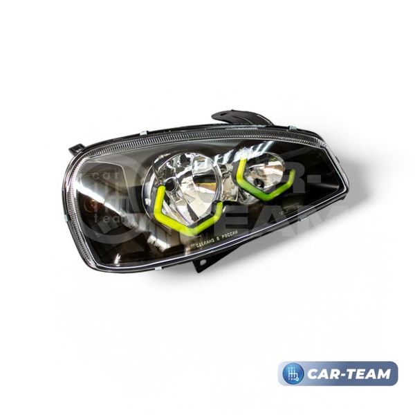 Фары Лада Калина 1 передние в стиле BMW, галочки в цвете Lime