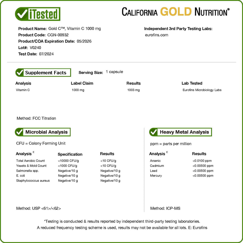 California Gold Nutrition, Gold C®, витамин C класса USP, 1000 мг, 240 вегетарианских капсул