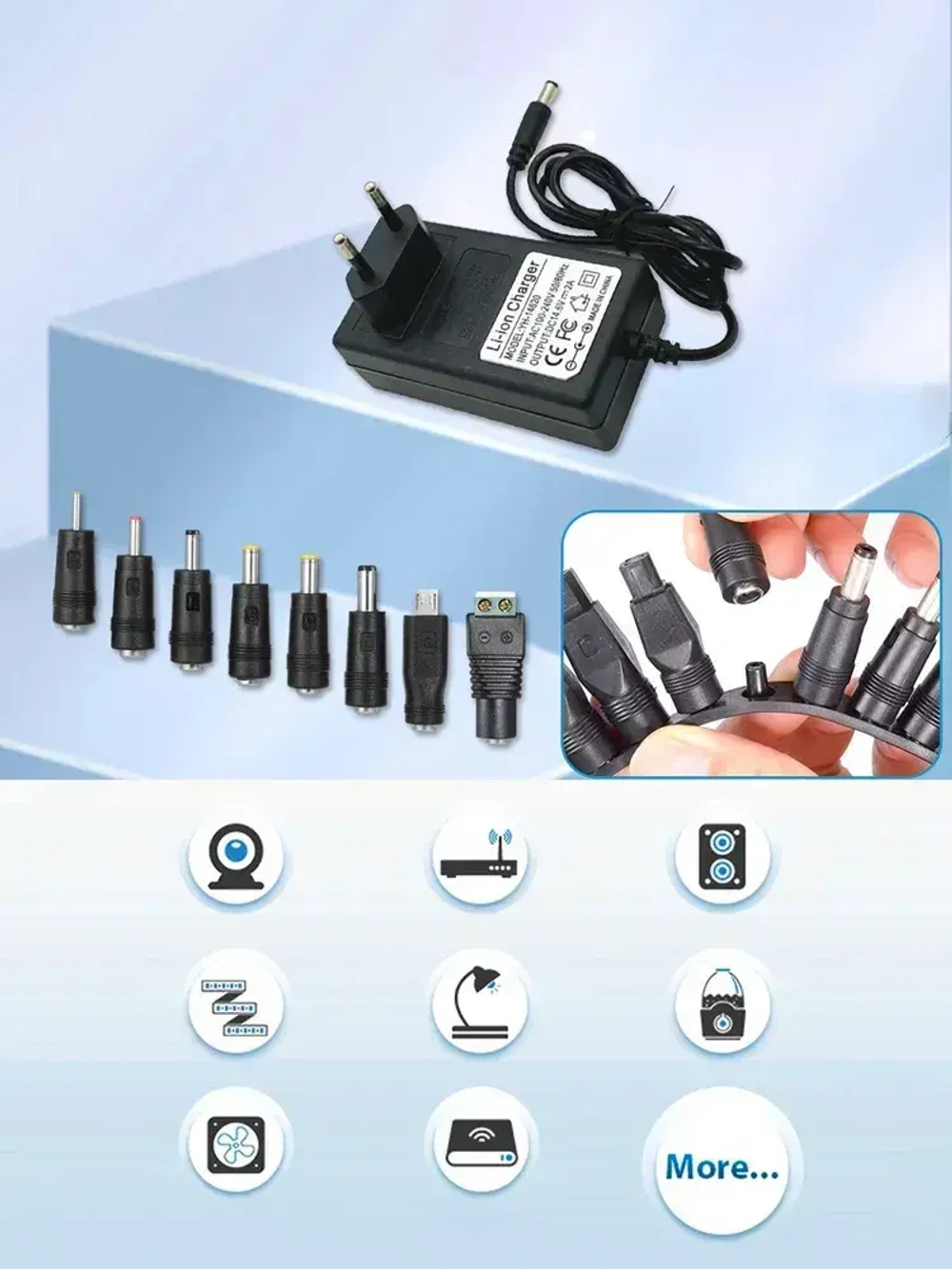 Зарядное устройство 21V для электроинструментов, адаптер 2A для Li-ion аккумуляторов с 8 DC переходниками