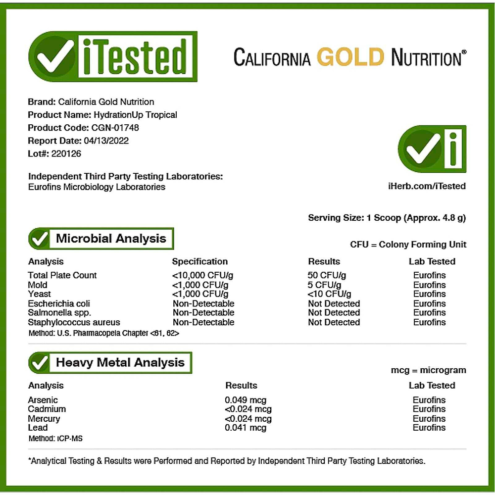 California Gold Nutrition, Beverages, HydrationUP®, смесь для приготовления напитка с электролитами, с витамином D, кальцием, железом и калием, со вкусом тропических фруктов, 227 г (8 унций)