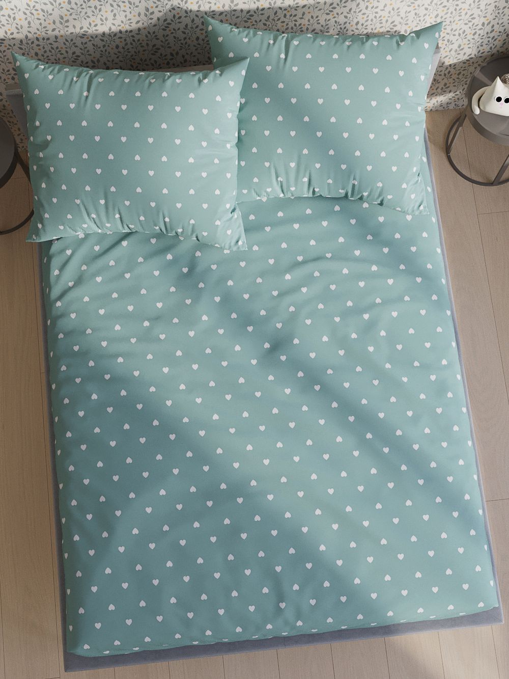 Постельное белье "КОТИКИ (мята)/Nicol" 1,5-сп наволочка 50х70 1шт Простынь на резинке 90х200 см Пододеяльник 145х215 см Сказка сатин