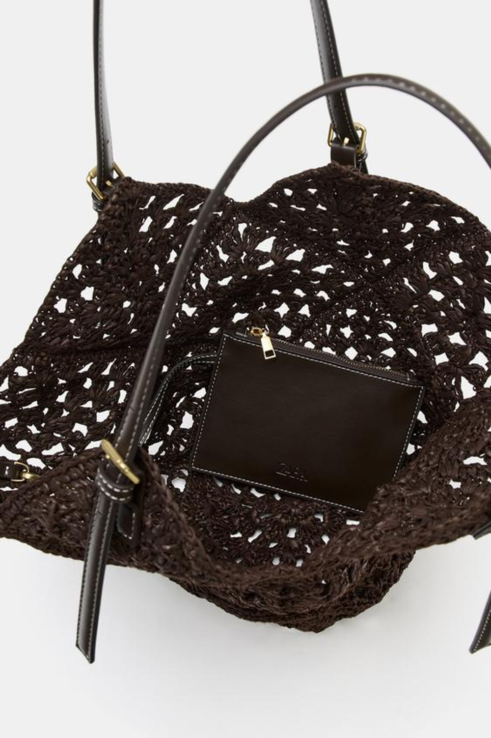 ZARA СУМКА-ШОПЕР С ПЛЕТЕНЫМ КОРПУСОМ, КОРИЧНЕВЫЙ