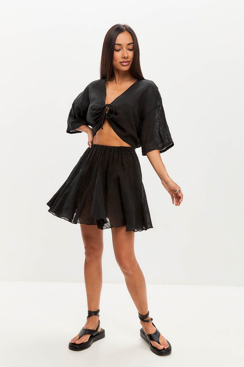 Юбка мини из хлопка stone wash черного цвета