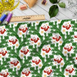 Ткань шелк Армани узор из еловых веток и рябины