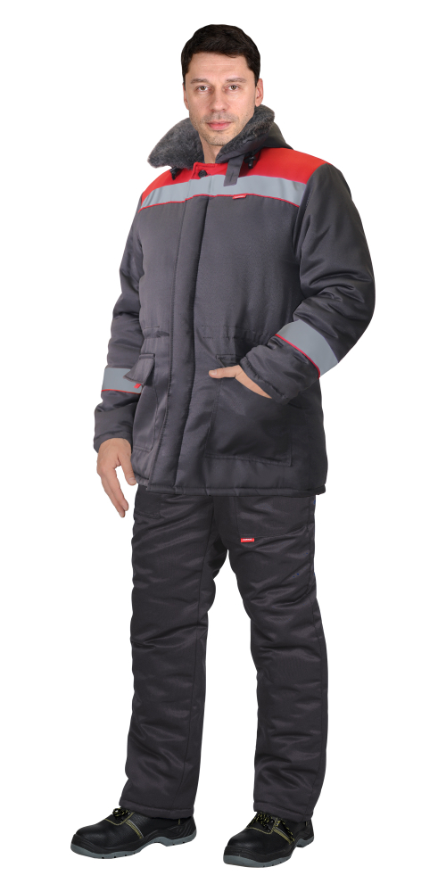 Куртка СИРИУС-БРИГАДИР р. 44-46, с мех. ворот. Т-серая с красным и СОП