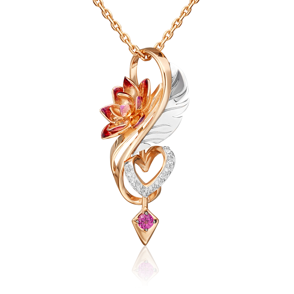 Подвеска «Золотой Лотос» (пожелание любви) из комбинированного золота с гранатом, натуральными топазами white и эмалью