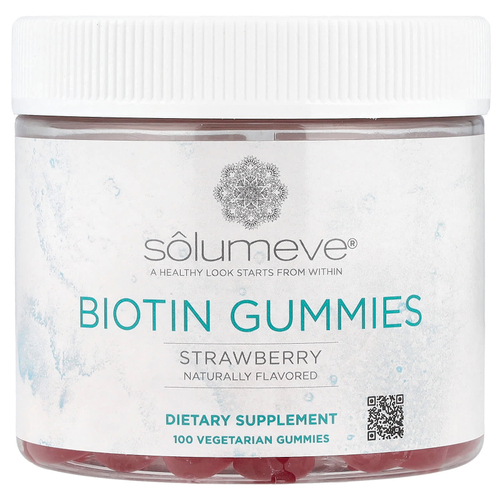 Solumeve, жевательная добавка с биотином, без желатина, с клубничным вкусом, 100 вегетарианских жевательных таблеток