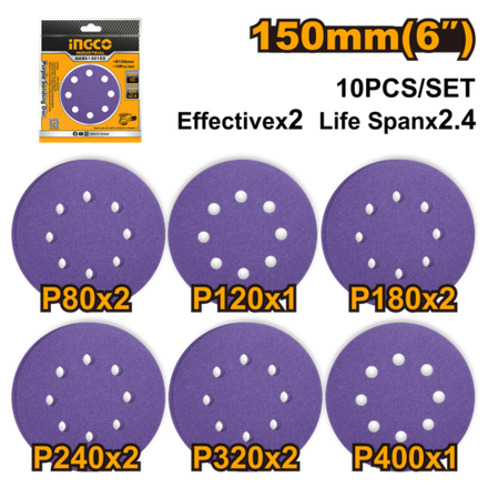 Набор шлифовальных кругов INGCO AKRS150102 INDUSTRIAL 150 мм 10 шт. Р80-400 8 отв.