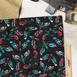 Ткань шелк Армани красно-синие цикады на чёрном фоне