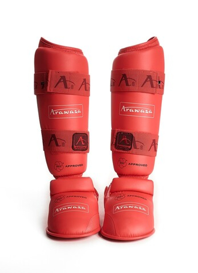 Защита голени и стопы для каратэ ARAWAZA красная (одобрено для соревнований)