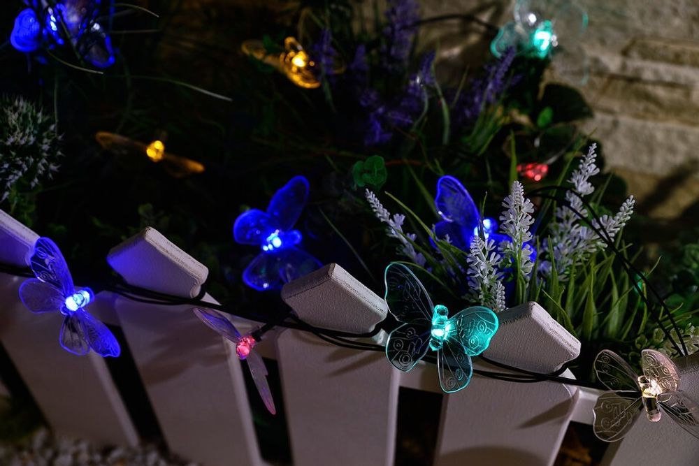 USL-S-129-PT4000 BUTTERFLIES Садовая гирлянда на солнечной батарее Бабочки. 20 светодиодов. Разноцветный свет. 1xАА Ni-Mh аккумулятор в-к. IP44. TM Uniel.