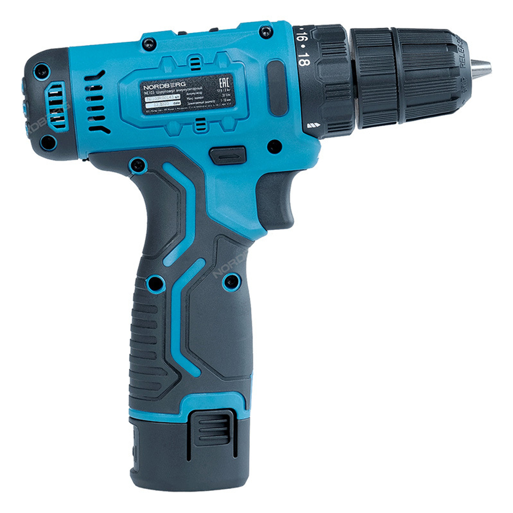 NORDBERG (NE103K+NE9012) Шуруповерт аккумуляторный макс Ø сверла 10мм, 12В, 30Нм с 2 акк. и зар. уст-вом