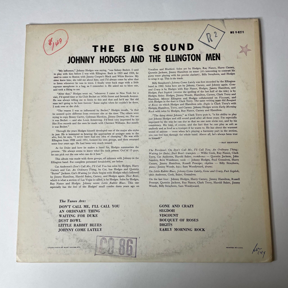 Винтажная виниловая пластинка LP Johnny Hodges And The Ellington Men The Big Sound (USA 1960)