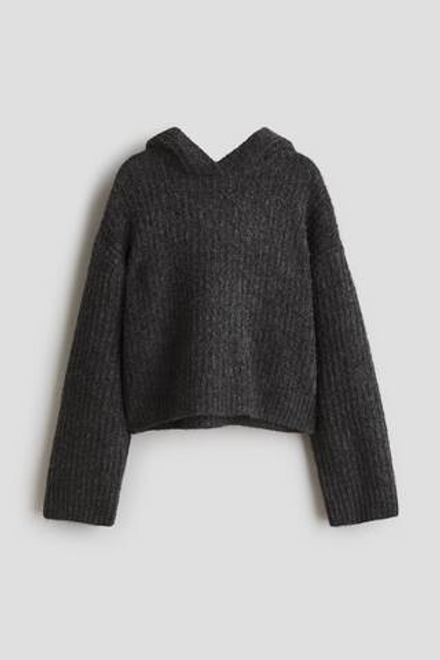 H&M Свитер в рубчик с капюшоном, темно-серый