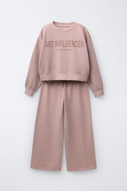 ZARA КОМПЛЕКТ: ТОЛСТОВКА И БРЮКИ WIDE LEG С НАДПИСЬЮ, РОЗОВЫЙ