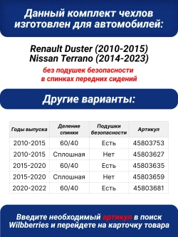 Чехлы на Рено Дастер, Ниссан Террано 60/40 (без Airbag)