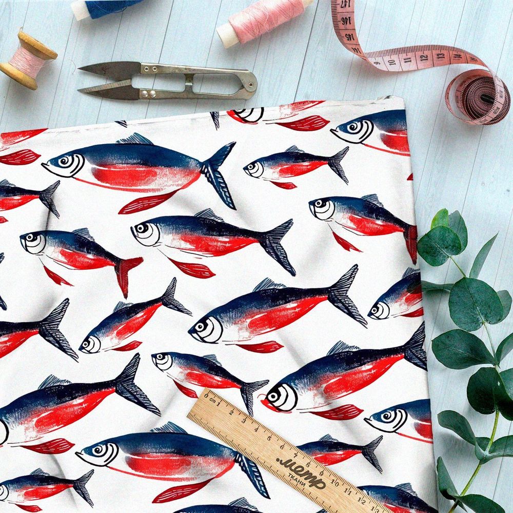 Ткань премиум шелк искусственный Армани океанские рыбы