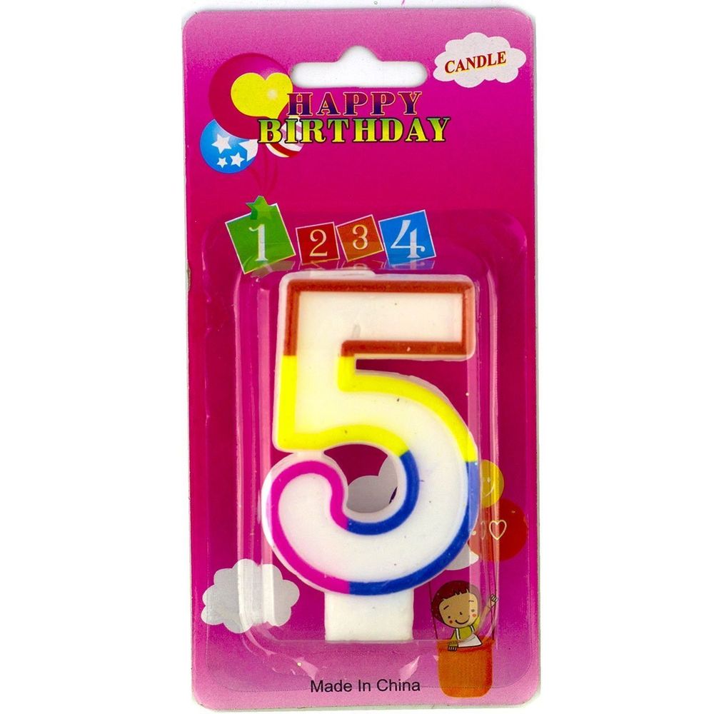 Свеча для торта с держателем Alingar, 7,0 см, "Цифра 5", белый цвет, цветная окантовка, блистер с европодвесом