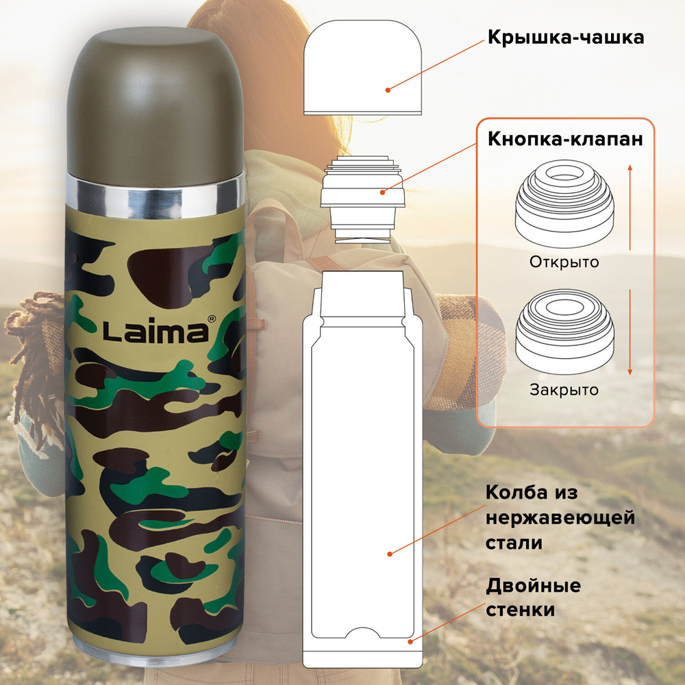 Термос LAIMA с узким горлом 0 5 л нержавеющая сталь хаки