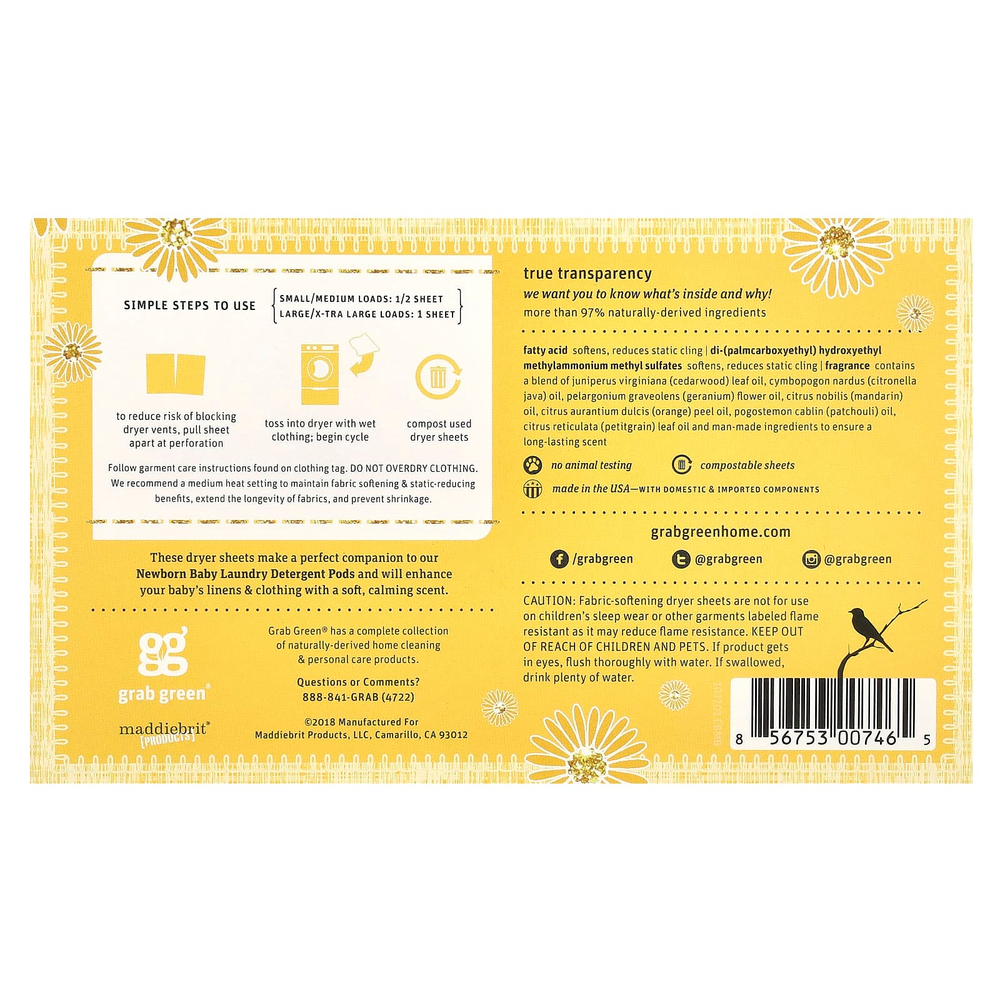 Grab Green, сушилка для губ, для новорожденных, в возрасте 0–4 месяцев, 40 биоразлагаемых простыней