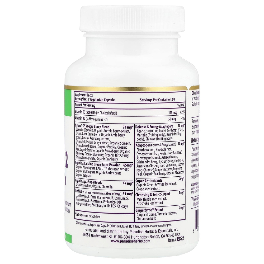 Paradise Herbs, Earth's Blend®, витамины D3 и K2, 90 вегетарианских капсул