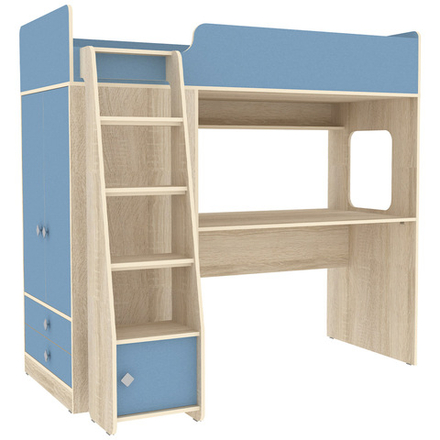 Кровать-чердак КарИВи Л-Ф607.1 75x175 Дуб Сонома Светло-синий, голубой