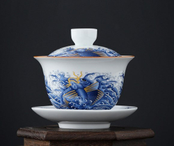 268130.1 Гайвань УДАЧА "Синий карп" 180 мл, h=95мм, d=100мм, белый фарфор