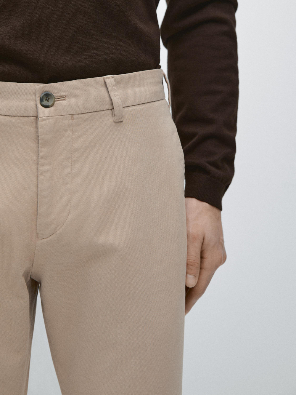 Massimo Dutti Зауженные брюки из смесовой хлопковой ткани, бежевый